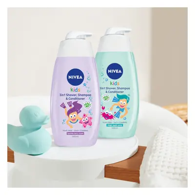 Nivea Kids, gel nettoyant 3-en-1 pour le corps et les cheveux avec après-shampoing, parfum caram