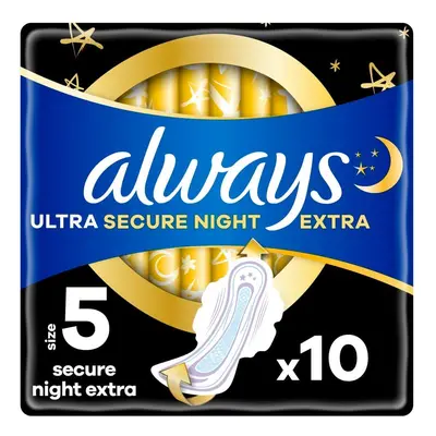 Always Ultra Secure Night, serviettes hygiéniques avec ailettes, taille 5, Extra, 10 pièces