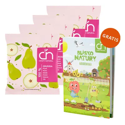 Set Crispy Natural Pear Crisps, chips de poire séchée, 4 x 18 g + livre de coloriage Near Nature