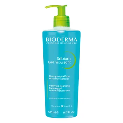 Bioderma Sebium Gel Moussant, gel nettoyant visage antibactérien, peaux mixtes et acnéiques, 500