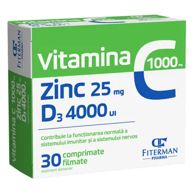 Vitamine C 1000 mg + Zn 25 mg + D3 4000 IU, 30 comprimés pelliculés, Fiterman