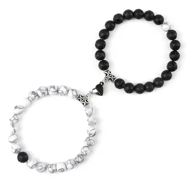 Bracelets de Couple - Coeur Yin-Yang - Howlite et Pierre de Lave - 19cm