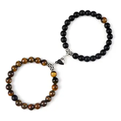 Bracelets de Couple - Coeur Yin-Yang - Oeil de tigre et Onyx mat - 19cm