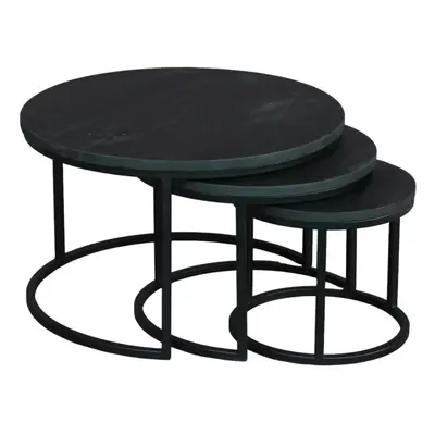 Set de 3 Tables Basses Gigognes Style Industriel Manguier Massif et Métal Noir Eclipse