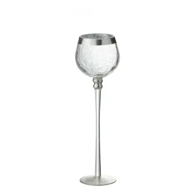 Bougeoir Boule Pied Craquelé Verre Transparent et Argent Large