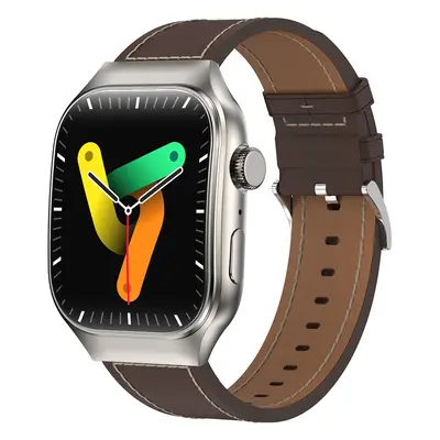 Montre connectée incurvée T15 Plus, écran tactile complet, bracelet en cuir argenté