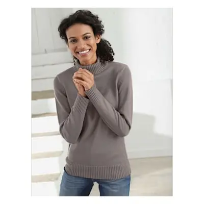 Pull femme col roulé manches ourlet avec finitions côtelées - Collection L - taupe chiné