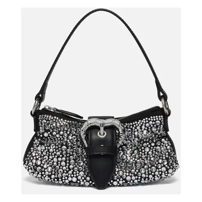 Pinko, Petit sac en cuir souple Jolene avec strass, Noir limousine-nickel brillant, U