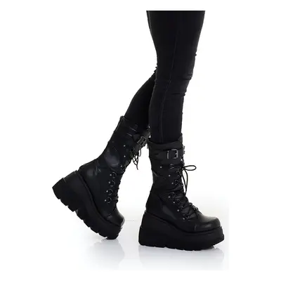 DemoniaCult - Shaker 70 Wedge Lace Up Mid Calf Black Vegan Leather - Chaussures pour fille - noi