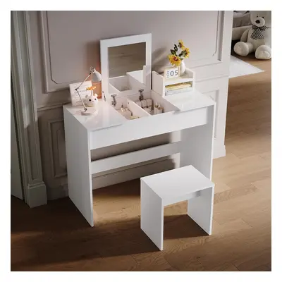 SIRHONA Coiffeuse avec miroir pliable blanche avec tabouret et miroir rabattable 2 en 1 design 2