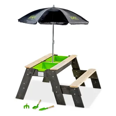 Table d'activités sable et eau, et de pique-nique (1 banc) avec parasol et outils de jardinage E