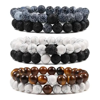 Ensemble Bracelet Couples Distance noir blanc pierre de lave naturelle oeil de tigre perlé Yoga 