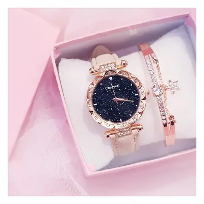 (Bracelet inclus) Montre à quartz avec bracelet en cuir pour femme et cadran étoilé black+bracel