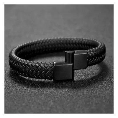 Bracelet en cuir tressé noir pour hommes, Bracelet infini en métal, fermoir magnétique, manchett