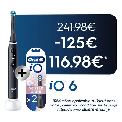 Oral-B iO 6 Brosse À Dents Électrique Noire + Brossettes iO Gentle Care Noires, Lot de 2