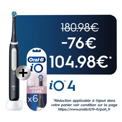 Oral-B iO 4 Brosse À Dents Électrique Noire + Brossettes iO Gentle Care Noires, Lot de 6