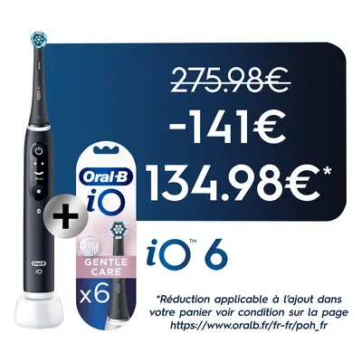 Oral-B iO 6 Brosse À Dents Électrique Noire + Brossettes iO Gentle Care Noires, Lot de 6