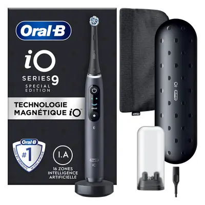 Oral-B iO 9 Brosse À Dents Électrique Édition Spéciale Noire, 1 Brossette, 1 Étui De Voyage Char