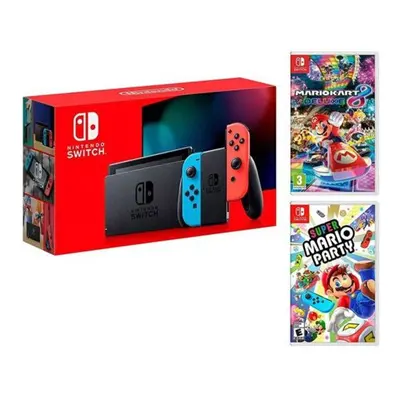 Switch Néon 32Go + Super Mario Party et Mario Kart 8 Deluxe, Rouge, Bleu - Bon état