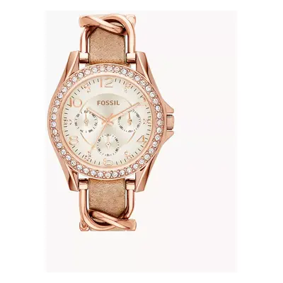 Fossil Montre Riley multifonction en acier inoxydable et en cuir Doré rose et ivoire - Beige