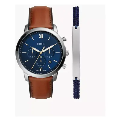 Fossil Coffret montre Neutra chronographe en cuir brun et bracelet - Marron