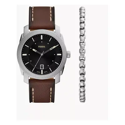 Fossil Coffret montre Machine à trois aiguilles avec date en cuir marron et bracelet - Marron