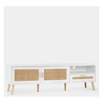 Meuble TV 160 en bois couleur blanc et rotin naturel Tahiti