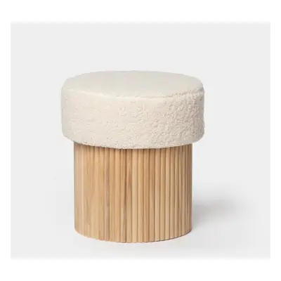 Pouf rond avec rangement en bois de paulownia et mouton blanc Naira