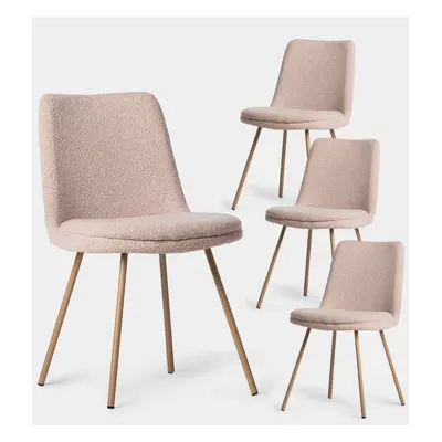 Pack 4 chaises de salle à manger tapissées en bouclé rose nude avec pied naturel Tera