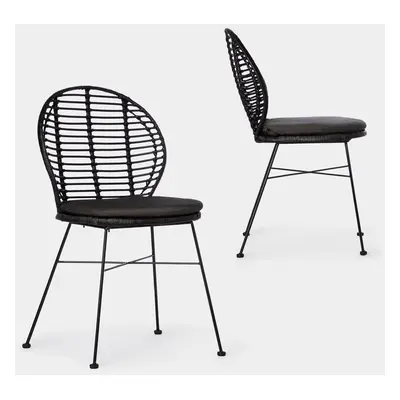 Pack 2 chaises de salle à manger en rotin noir avec pied noir Kala