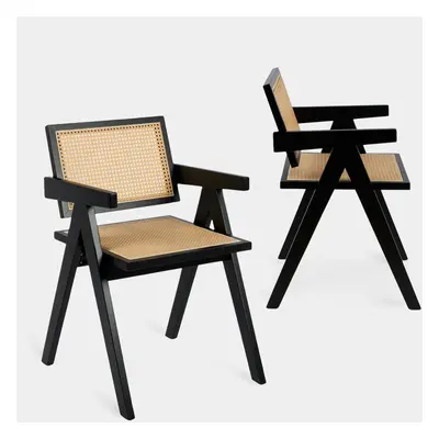 Pack 2 chaises de salle à manger avec accoudoirs en bois d'hévéa noir et rotin. Nelha