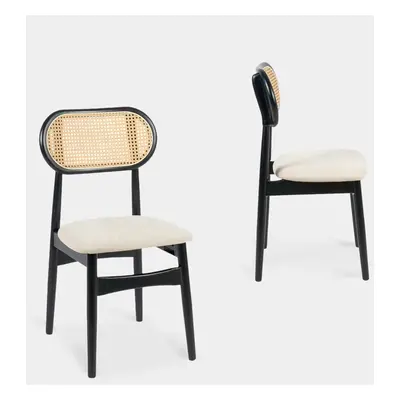 Pack 2 chaises de salle à manger en bois d'hévéa couleur noire et rotin Moyl