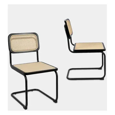 Pack 2 chaises de salle à manger en bois d'hévéa couleur noir et rotin Keila