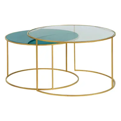 Tables basses gigognes rondes design métal doré et verre teinté bleu pétrole (lot de 2) ROXO