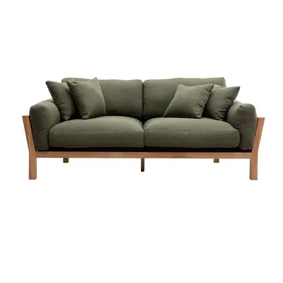 Canapé scandinave déhoussable 3 places en tissu kaki et bois clair KYO