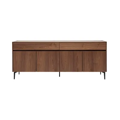 Buffet design en bois foncé noyer et métal noir 4 portes 2 tiroirs L180 cm BLISS