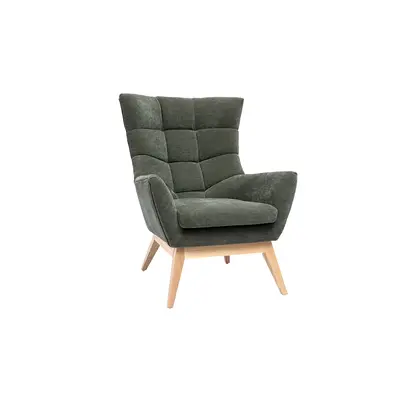 Fauteuil scandinave en tissu effet velours vert kaki et bois clair BRODY