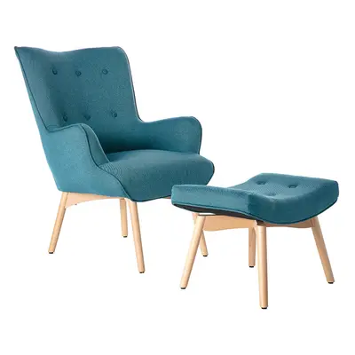 Fauteuil avec repose-pieds scandinave en tissu bleu canard et bois clair BRISTOL