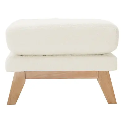 Pouf repose-pieds déhoussable scandinave en tissu effet laine bouclée blanc cassé et bois clair 