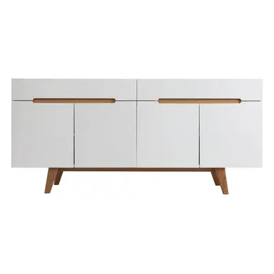 Buffet scandinave blanc brillant et finition bois clair 4 portes 2 tiroirs L180 cm MELKA