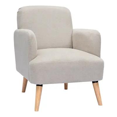 Fauteuil scandinave en tissu effet velours texturé beige et bois clair ISKO