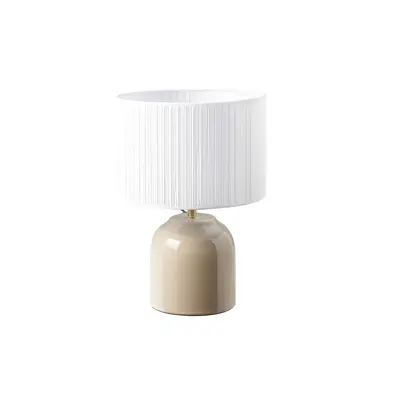 Lampe à poser taupe en céramique brillante et abat-jour en tissu plissé blanc H35 cm PIEGA