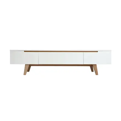 Meuble TV scandinave blanc brillant et bois L180 cm MELKA