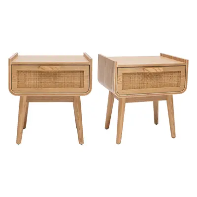 Tables de chevet avec tiroir en bois clair frêne et cannage rotin L50 cm (lot de 2) ATHÈNE