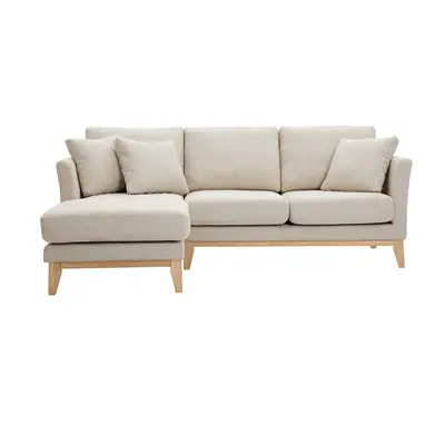 Canapé d'angle gauche scandinave en tissu beige déhoussable et bois clair 3-4 places OSLO