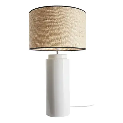 Lampe à poser en céramique émaillée blanche et abat-jour en raphia naturel H64 cm MAJES