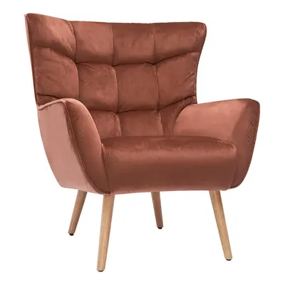 Fauteuil scandinave en tissu velours rouge tomette et bois clair AVERY