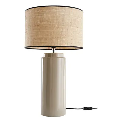 Lampe à poser en céramique émaillée taupe et abat-jour en raphia naturel H64 cm MAJES