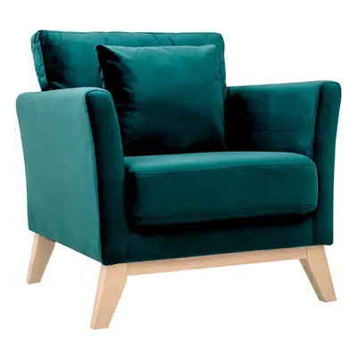 Fauteuil scandinave déhoussable en tissu velours bleu pétrole et bois clair OSLO