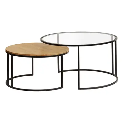 Tables basses gigognes rondes verre trempé, bois manguier massif et métal noir (lot de 2) TAHL